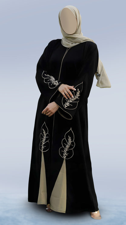 Modest Round Neck Abaya in Black & Beige Masha Crepe – Full Sleeves with Embroidery & Piping | Malika Royals