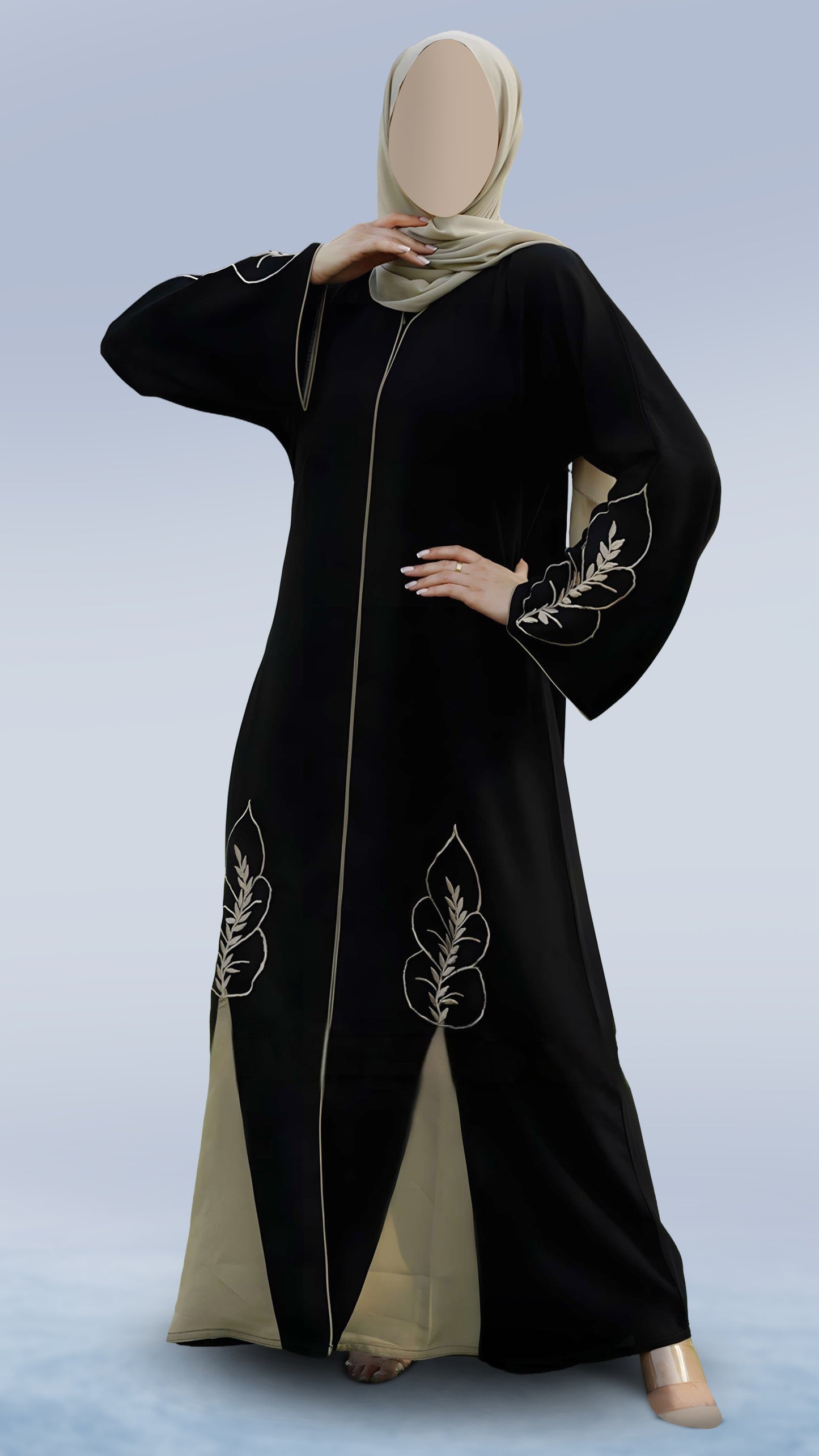 Modest Round Neck Abaya in Black & Beige Masha Crepe – Full Sleeves with Embroidery & Piping | Malika Royals