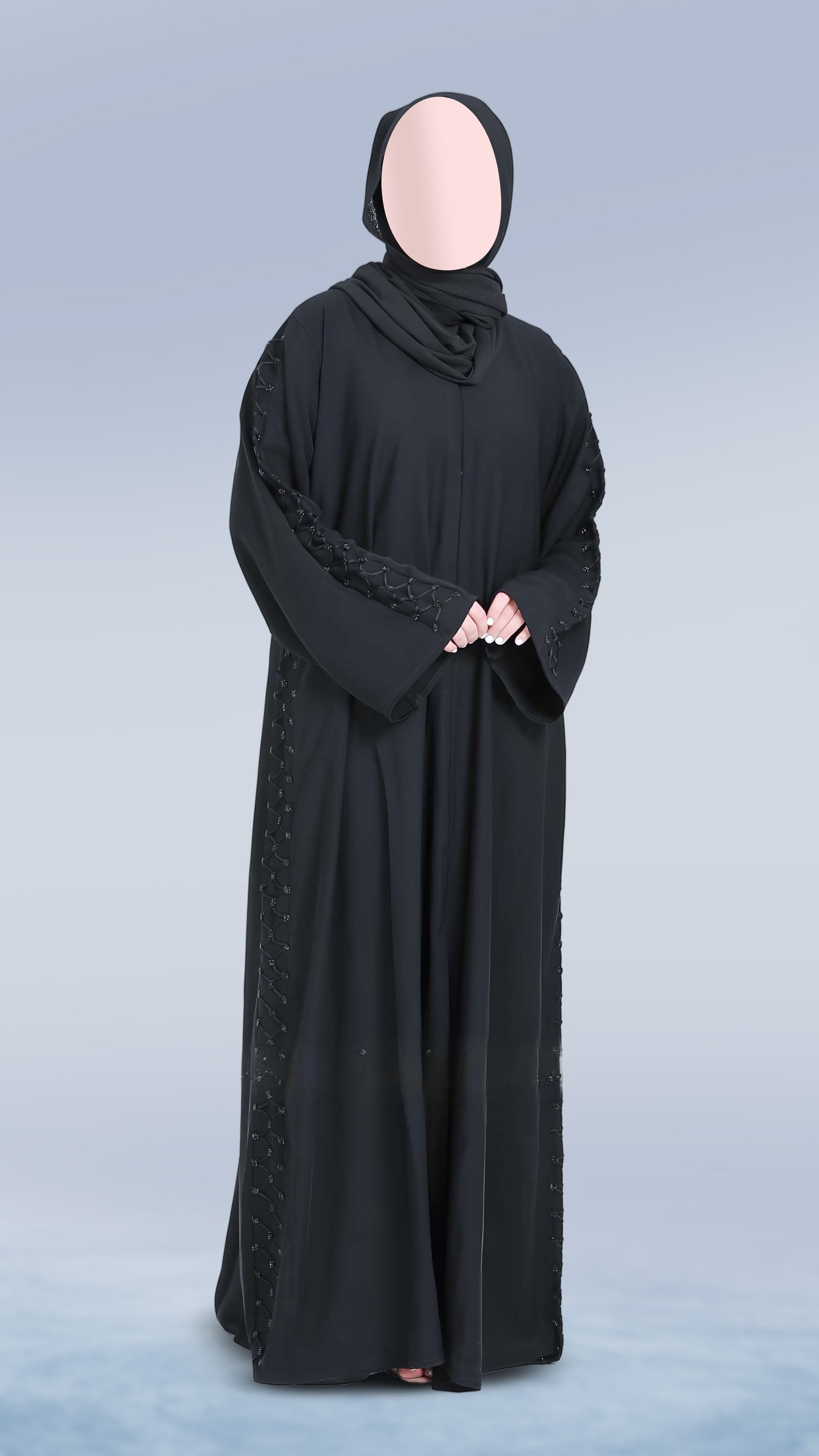 Elegant Nida Fabric Abaya for Women – V-Neck, Front Open with Dory Design with Handcrafted Detailing