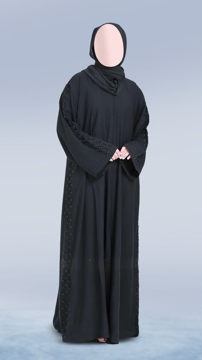 Elegant Nida Fabric Abaya for Women – V-Neck, Front Open with Dory Design with Handcrafted Detailing
