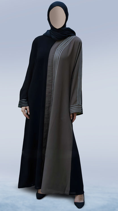 Premium Casual Masha Crepe Abaya in Black & Brown – Arabian Cut Full Sleeve with White Dori Ribbon | Malika Royals