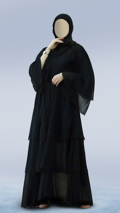 Luxury Diamond Georgette Abaya with Belt – Front Open Layered Sleeve with Turkish Cut and Mandarin Neckline