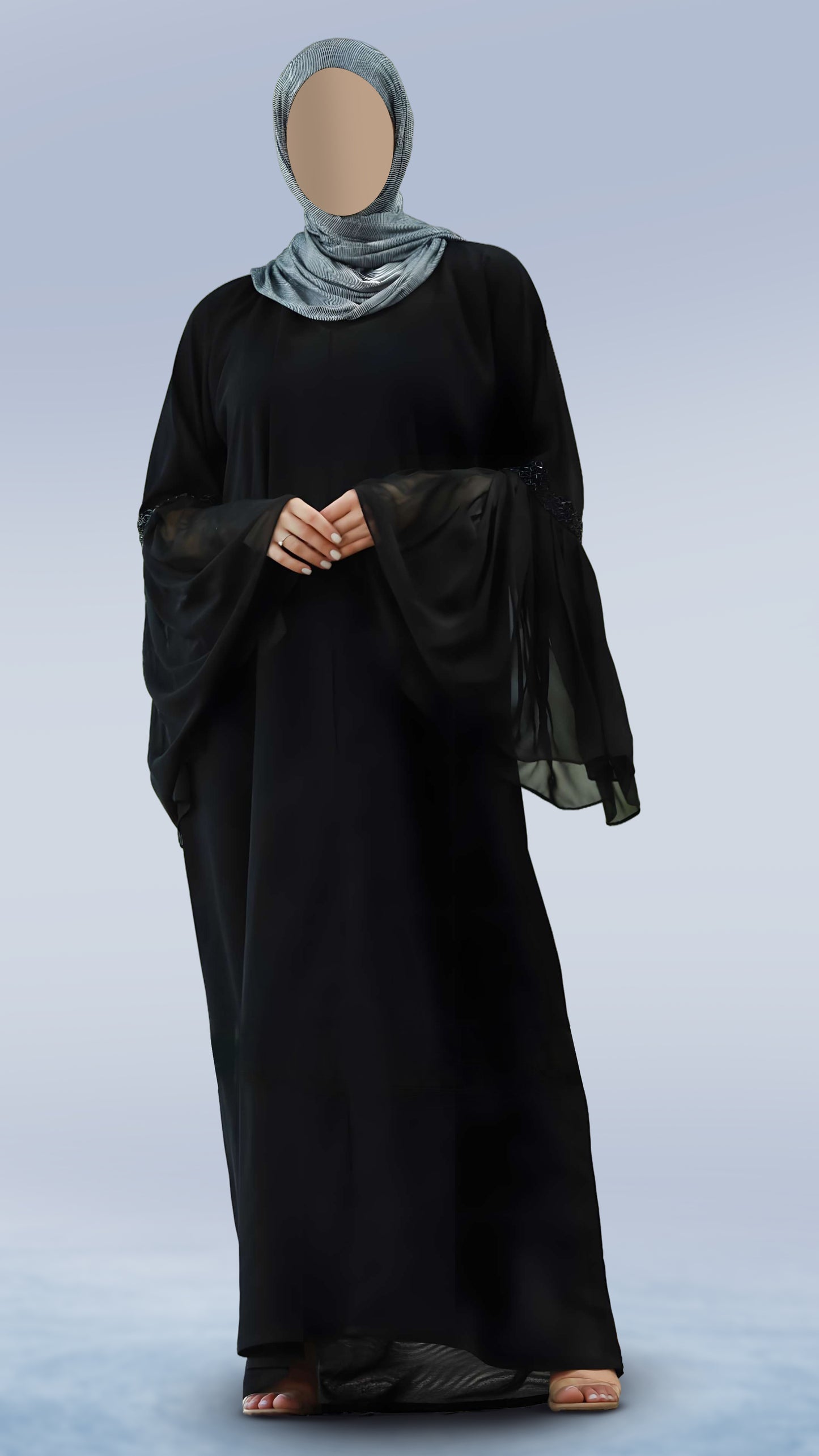 Classic Black Masha Crepe Abaya For Women – V-Neck, Bell Sleeves with Handcrafted Detailing | Malika Royals