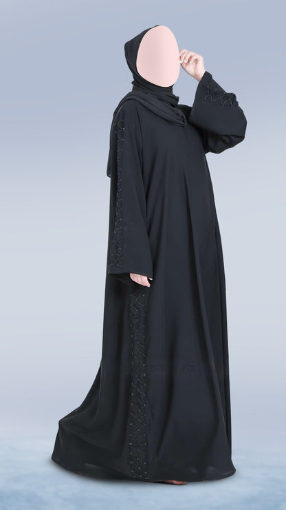 Elegant Nida Fabric Abaya for Women – V-Neck, Front Open with Dory Design with Handcrafted Detailing