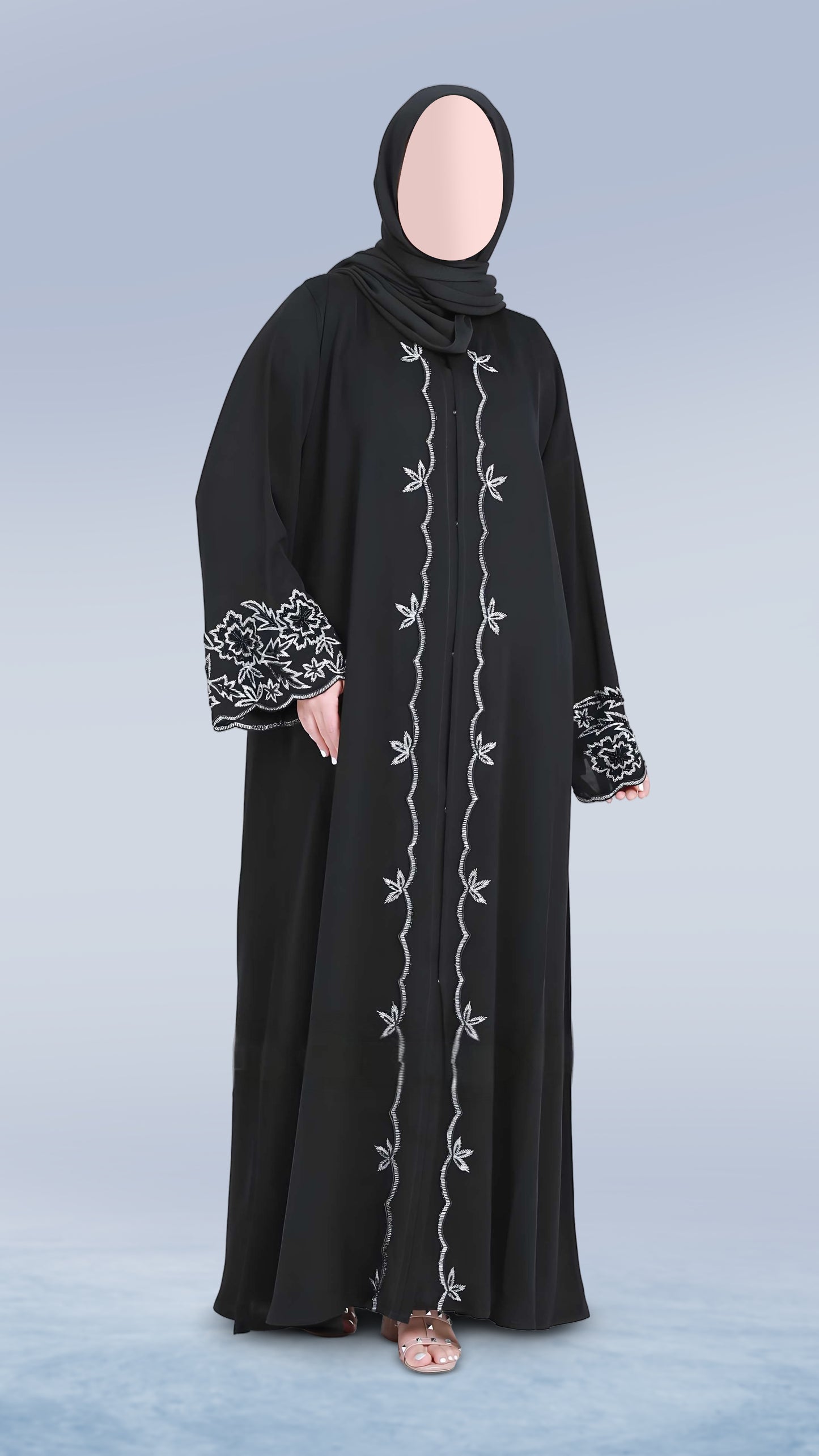 Luxury Women’s Nida Black Embroidered Abaya – Premium Fabric with Front & Sleeve Detailing | Malika Royals