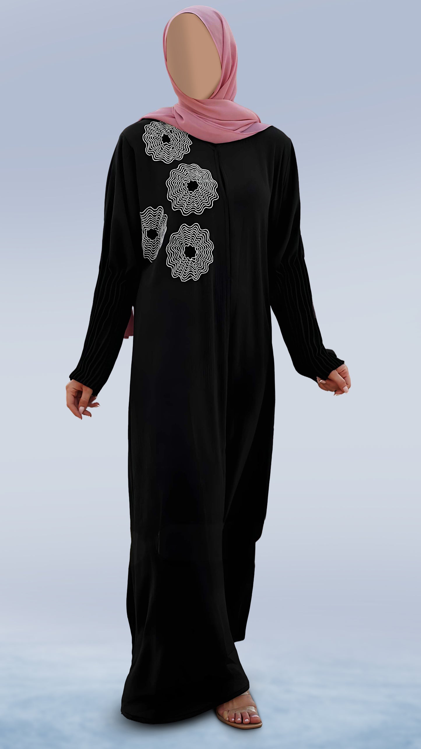 Luxury Zoom Front Open Abaya – Turkish Cut Zoom Fabric, V-Neck & Pleated Sleeves | Malika Royals