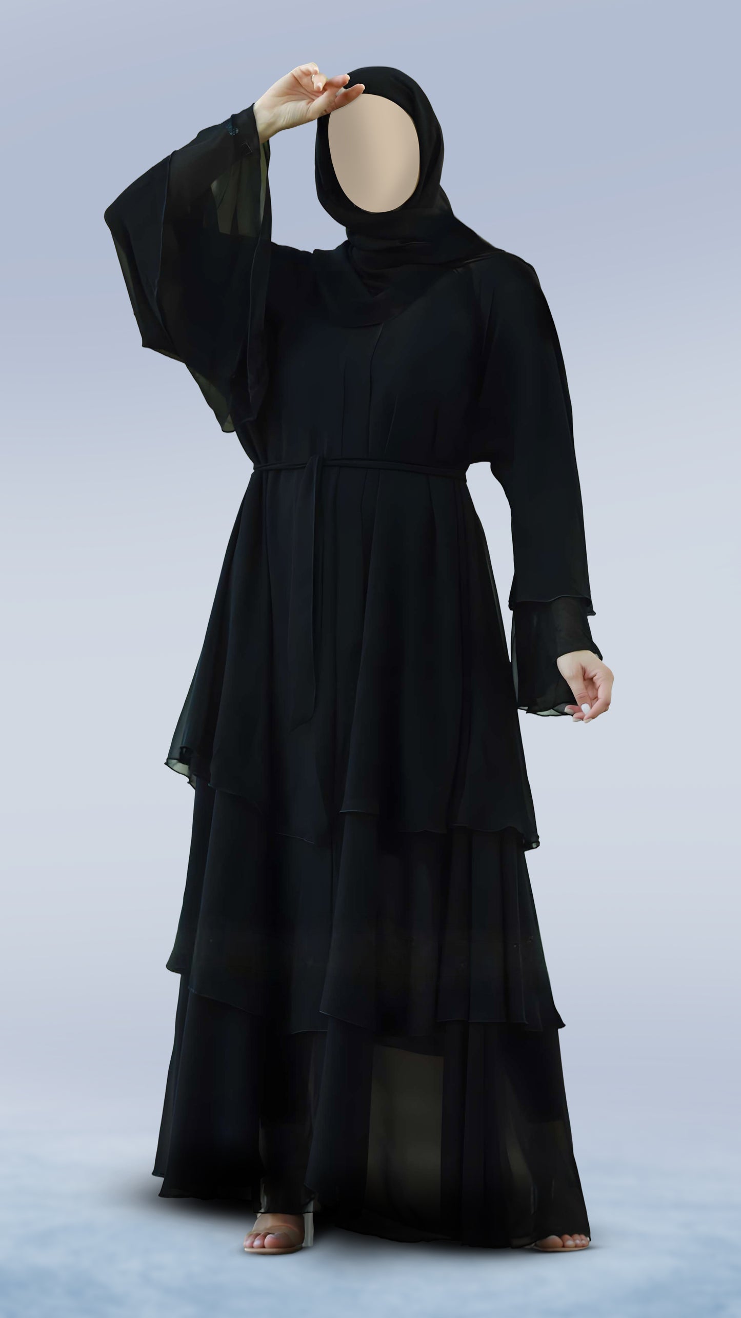 Luxury Diamond Georgette Abaya with Belt – Front Open Layered Sleeve with Turkish Cut and Mandarin Neckline