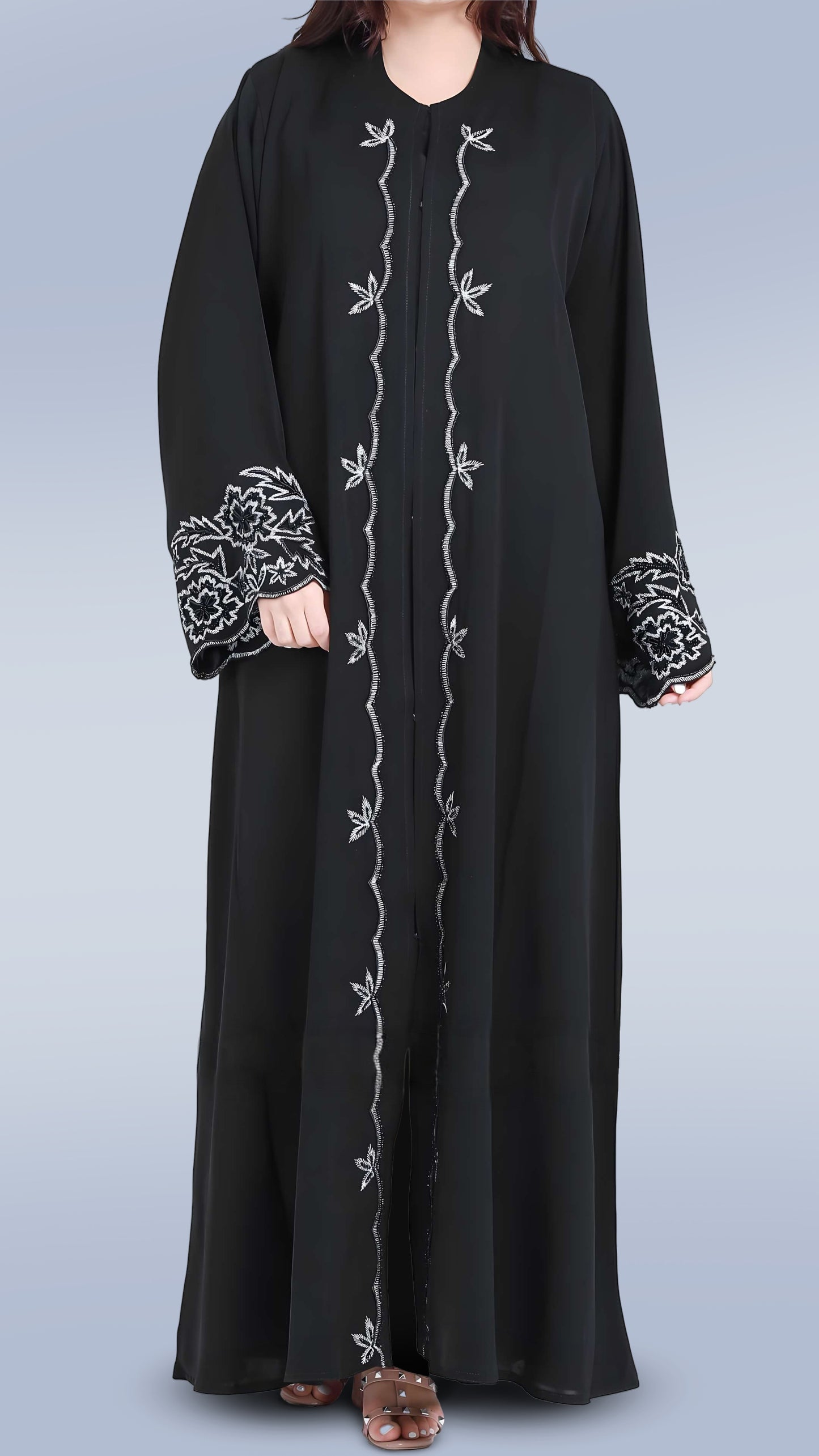 Luxury Women’s Nida Black Embroidered Abaya – Premium Fabric with Front & Sleeve Detailing | Malika Royals