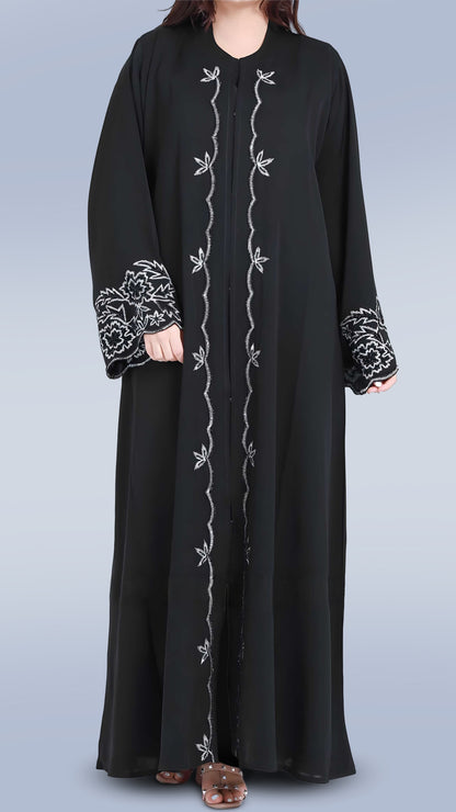 Luxury Women’s Nida Black Embroidered Abaya – Premium Fabric with Front & Sleeve Detailing | Malika Royals