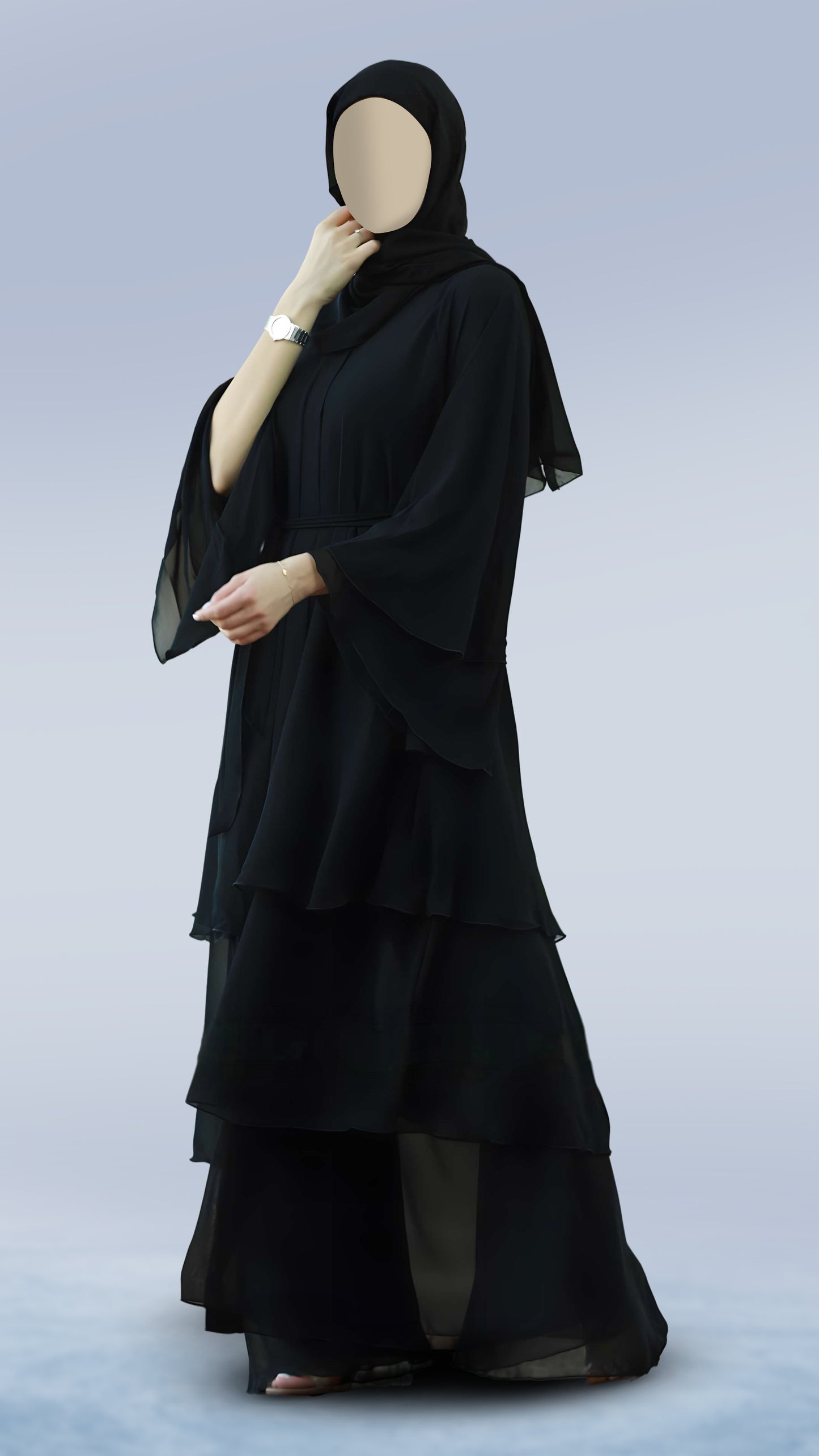 Luxury Diamond Georgette Abaya with Belt – Front Open Layered Sleeve with Turkish Cut and Mandarin Neckline