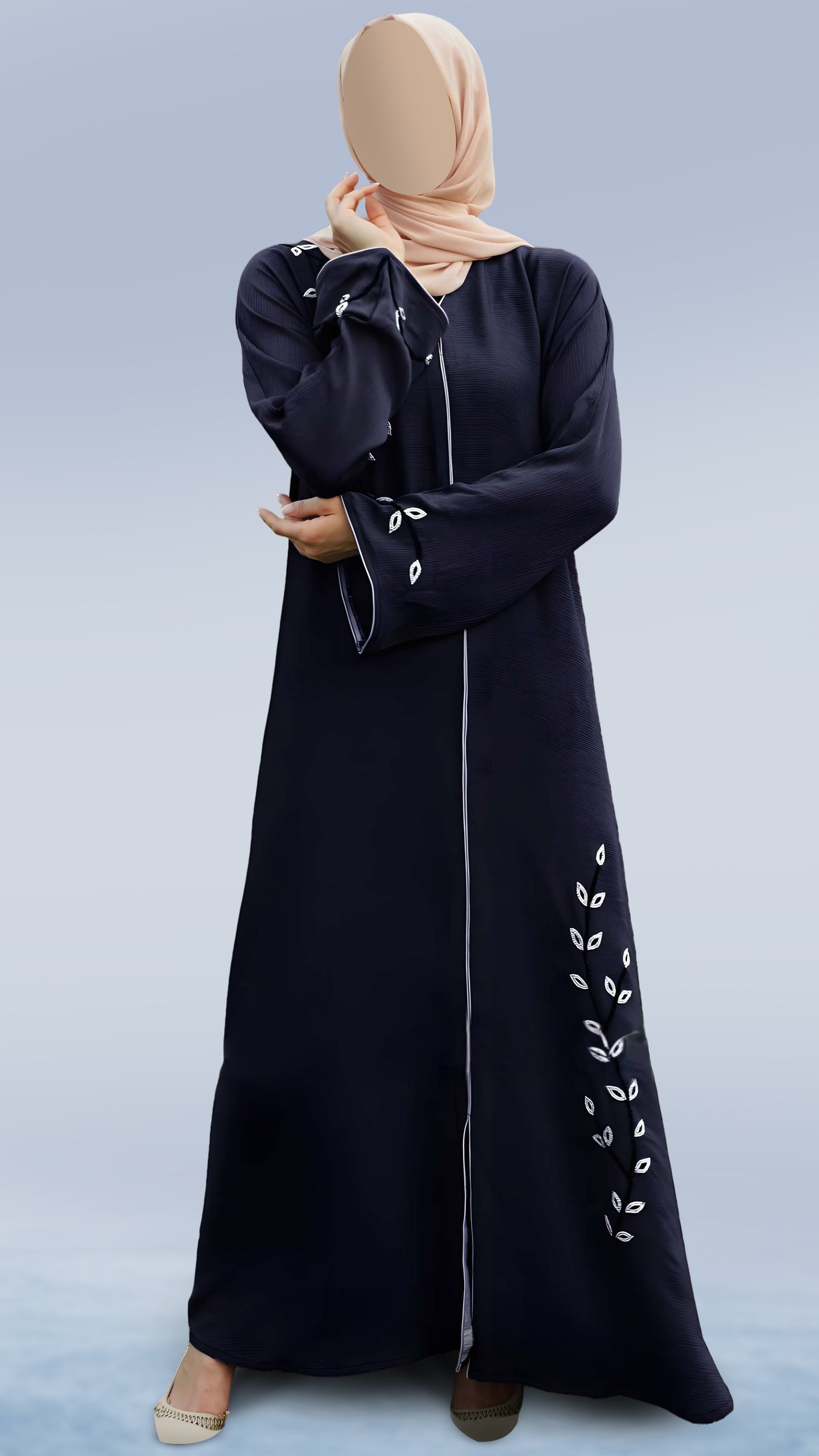 Elegant Zoom Dual-Tone Navy Blue & Off White Abaya – V-Neck Arabian Cut with Crystal Hand Work & Piping | Malika Royals