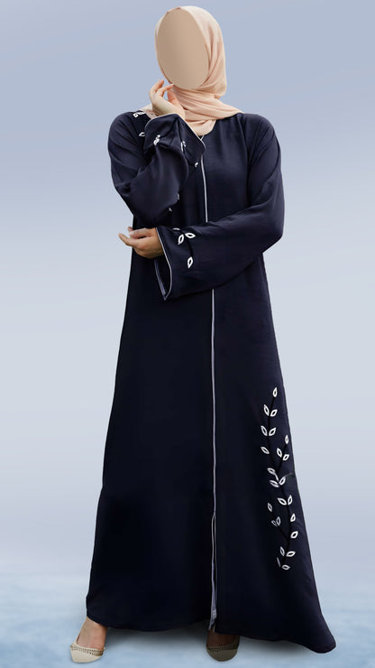 Elegant Zoom Dual-Tone Navy Blue & Off White Abaya – V-Neck Arabian Cut with Crystal Hand Work & Piping | Malika Royals