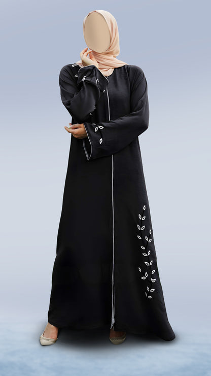 Elegant Zoom Abaya for Women – Crystal Handiwork, Piping Finish, Arabian Cut Style, Full Sleeves & Hijab | Malika Royals