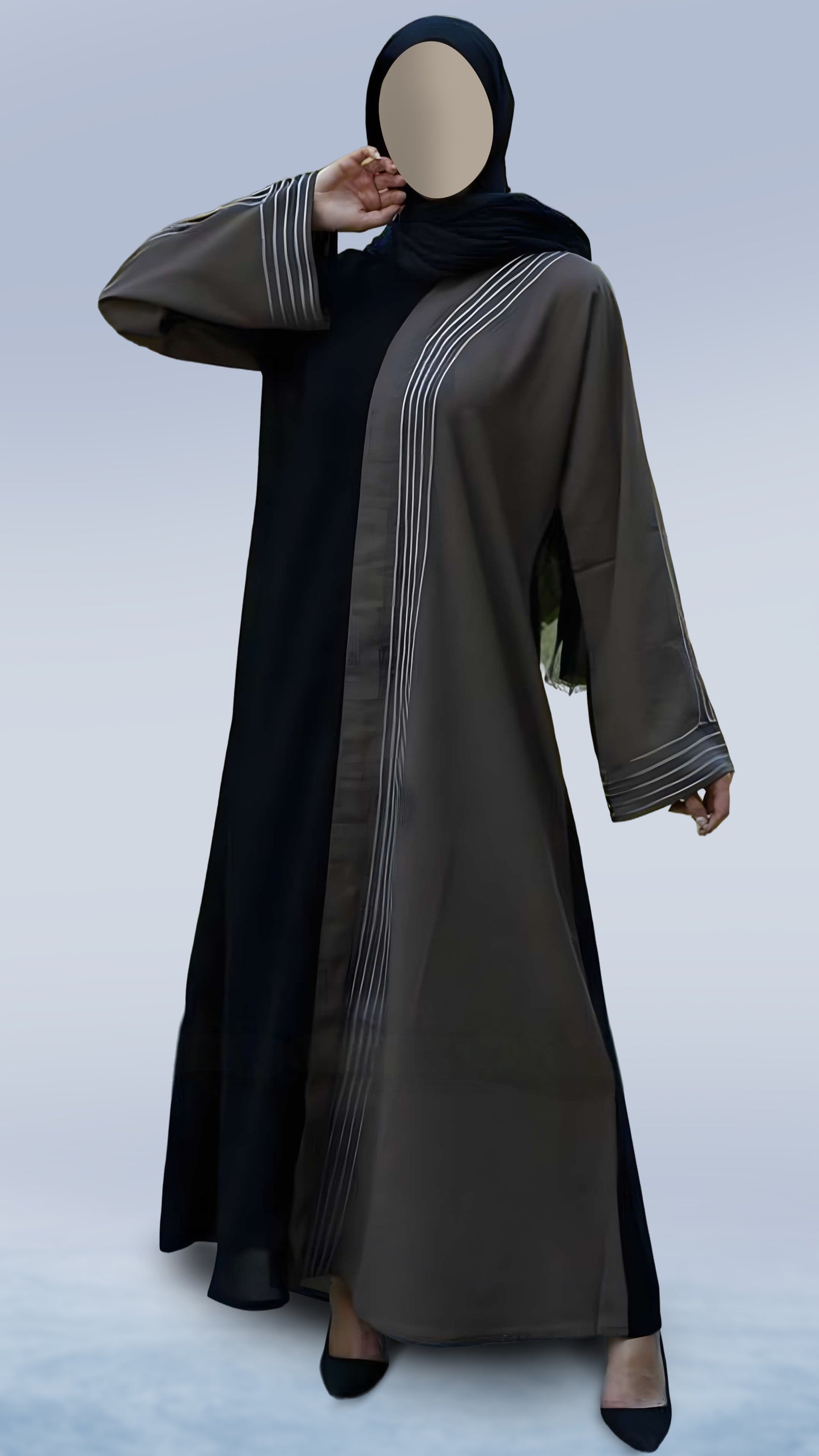 Premium Casual Masha Crepe Abaya in Black & Brown – Arabian Cut Full Sleeve with White Dori Ribbon | Malika Royals