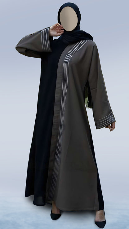Premium Casual Masha Crepe Abaya in Black & Brown – Arabian Cut Full Sleeve with White Dori Ribbon | Malika Royals