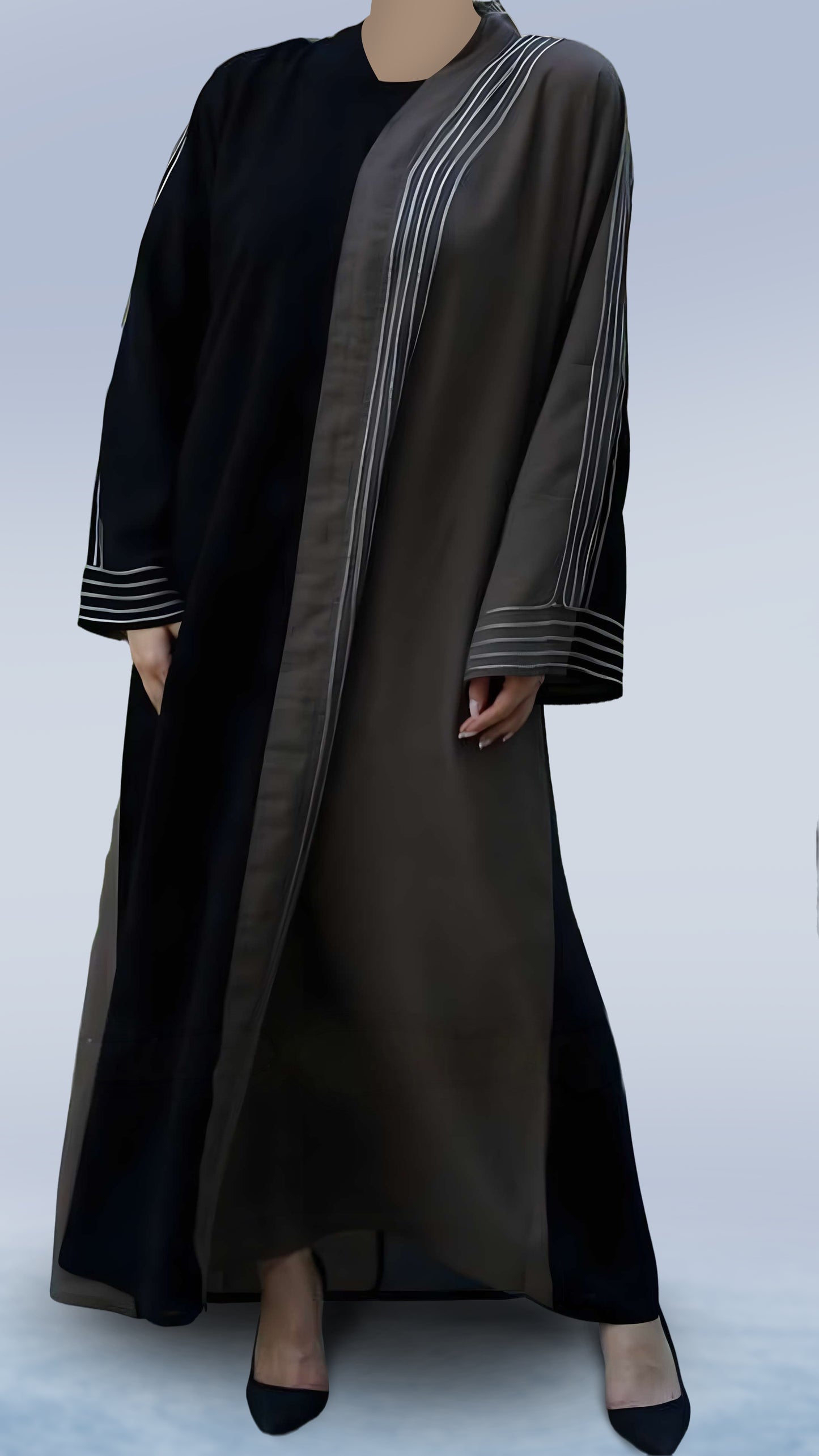 Premium Casual Masha Crepe Abaya in Black & Brown – Arabian Cut Full Sleeve with White Dori Ribbon | Malika Royals