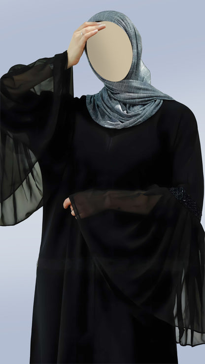 Classic Black Masha Crepe Abaya For Women – V-Neck, Bell Sleeves with Handcrafted Detailing | Malika Royals