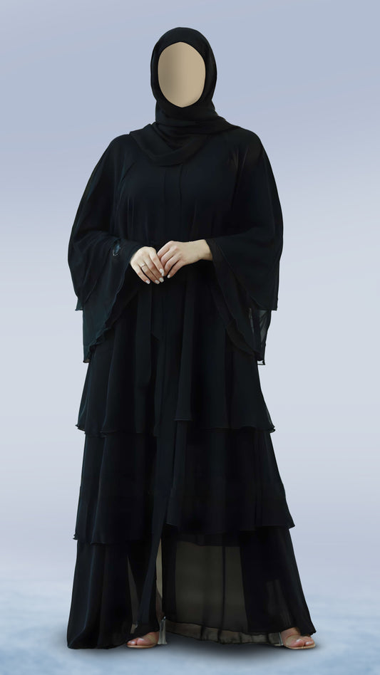 Luxury Diamond Georgette Abaya with Belt – Front Open Layered Sleeve with Turkish Cut and Mandarin Neckline