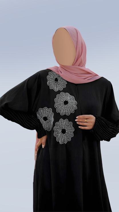 Luxury Zoom Front Open Abaya – Turkish Cut Zoom Fabric, V-Neck & Pleated Sleeves | Malika Royals