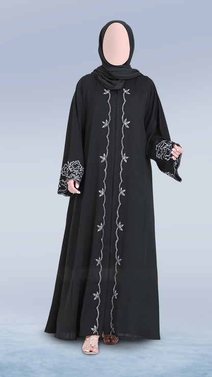 Luxury Women’s Nida Black Embroidered Abaya – Premium Fabric with Front & Sleeve Detailing | Malika Royals