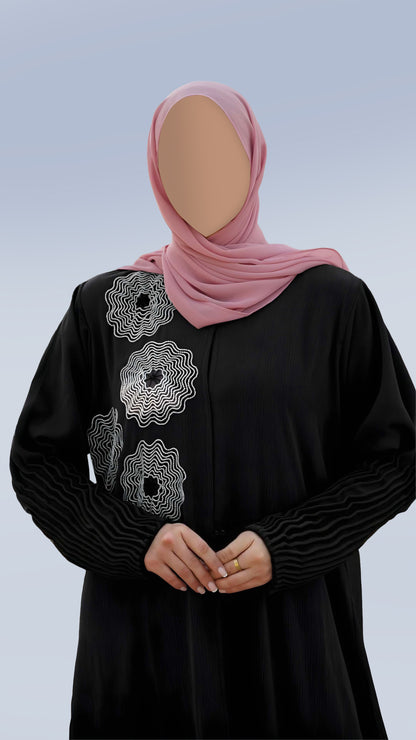 Luxury Zoom Front Open Abaya – Turkish Cut Zoom Fabric, V-Neck & Pleated Sleeves | Malika Royals