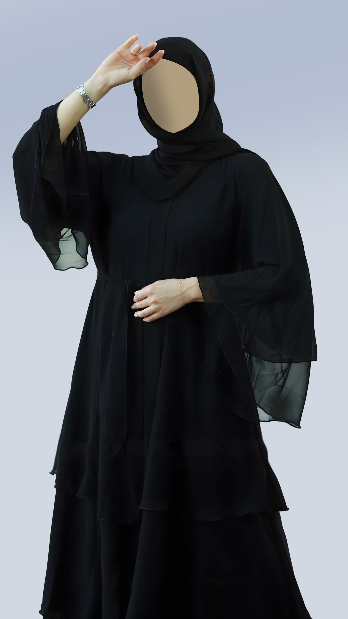 Luxury Diamond Georgette Abaya with Belt – Front Open Layered Sleeve with Turkish Cut and Mandarin Neckline