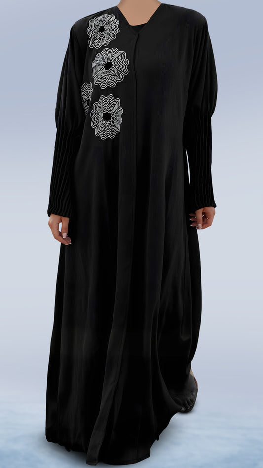 Luxury Zoom Front Open Abaya – Turkish Cut Zoom Fabric, V-Neck & Pleated Sleeves | Malika Royals