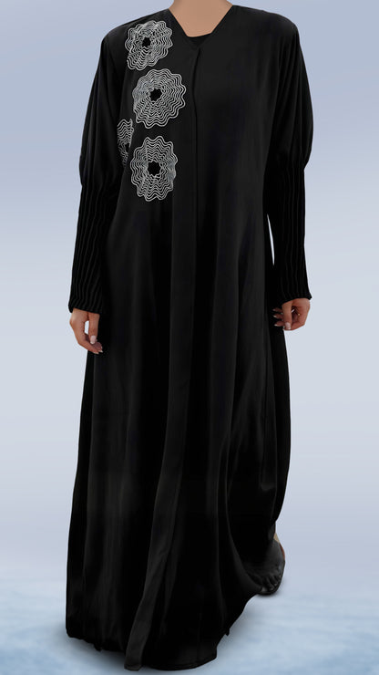 Luxury Zoom Front Open Abaya – Turkish Cut Zoom Fabric, V-Neck & Pleated Sleeves | Malika Royals