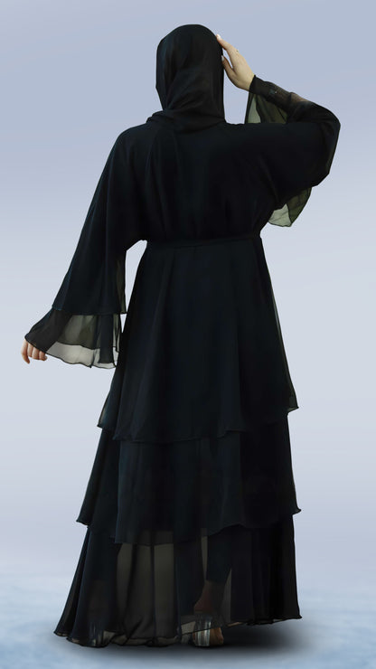 Luxury Diamond Georgette Abaya with Belt – Front Open Layered Sleeve with Turkish Cut and Mandarin Neckline