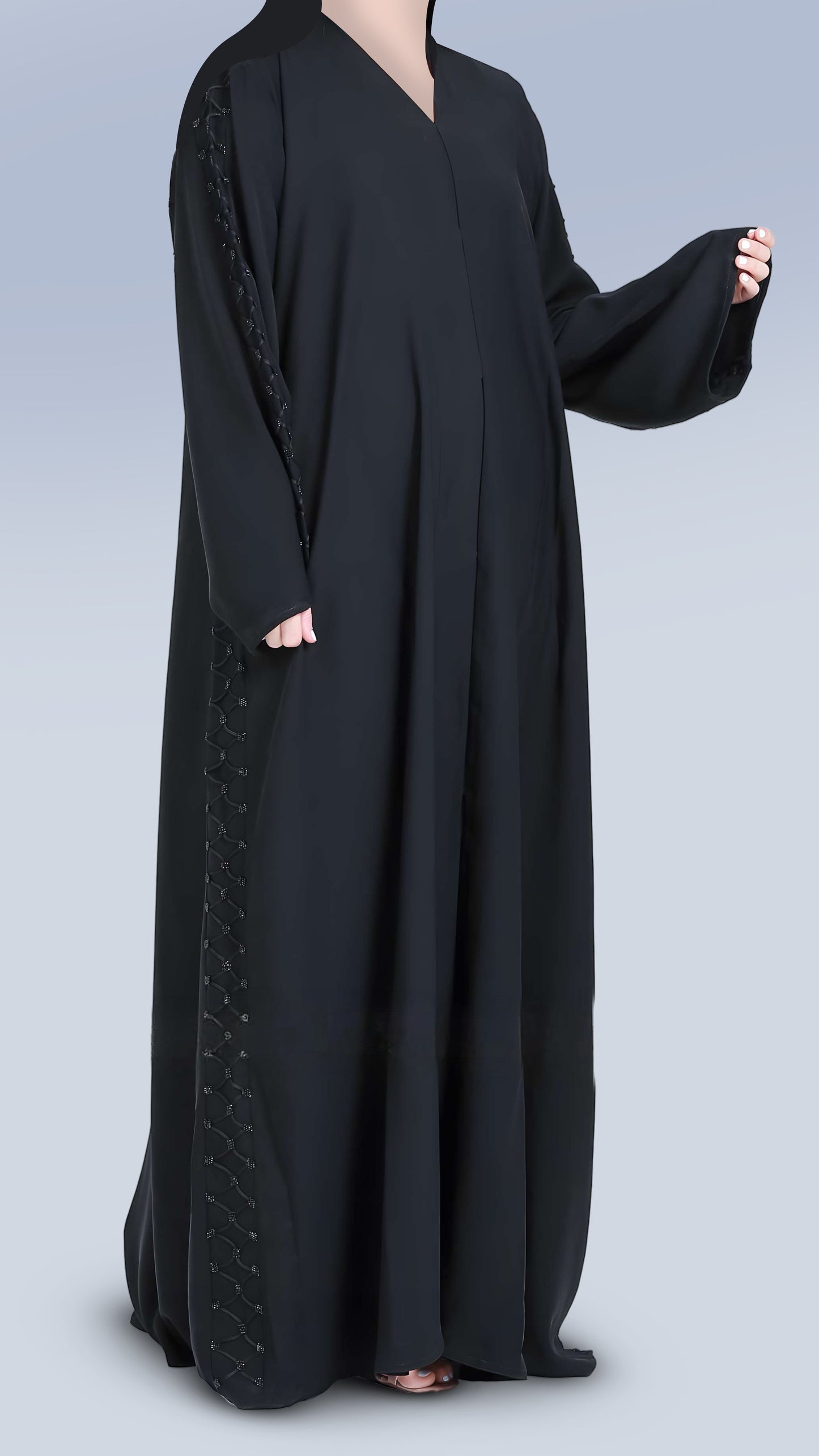 Elegant Nida Fabric Abaya for Women – V-Neck, Front Open with Dory Design with Handcrafted Detailing