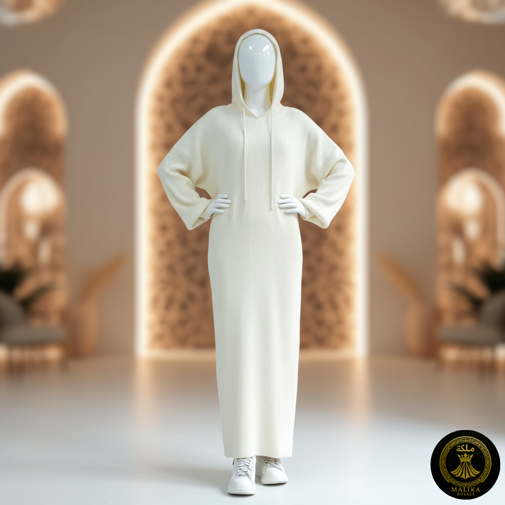 Cozy Knit MAXI Abaya with Attached Hoodie Scarf - Breathable & Warm Dubai Style | Malika Royals