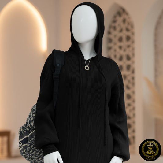 Cozy Knit MAXI Abaya with Attached Hoodie Scarf - Breathable & Warm Dubai Style | Malika Royals