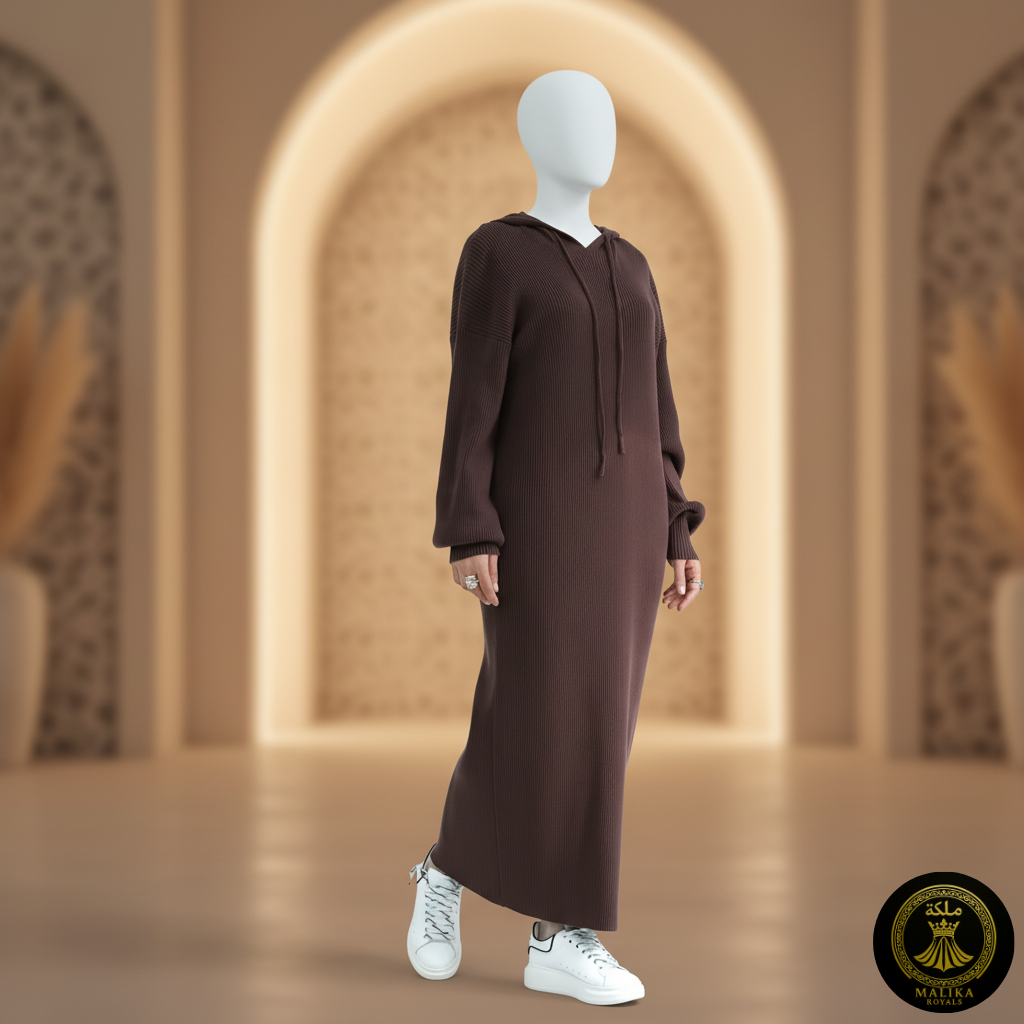 Cozy Knit MAXI Abaya with Attached Hoodie Scarf - Breathable & Warm Dubai Style | Malika Royals